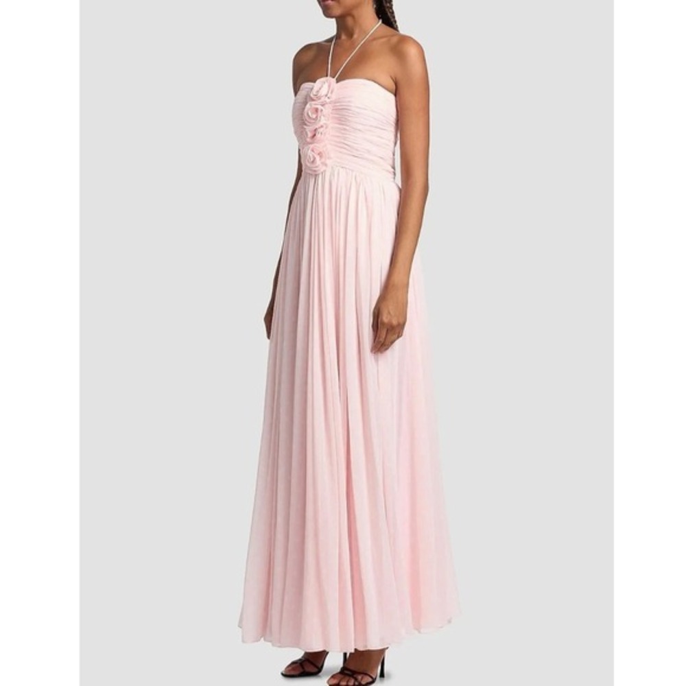 NEW As It May Pink Polka Dot Rosette Maxi Dress Gown Strapless Halter 12